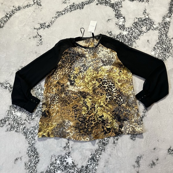 Mango Tops - Mango‎ Shirt Womens Sz 10 gold black animal baroque print body solid black